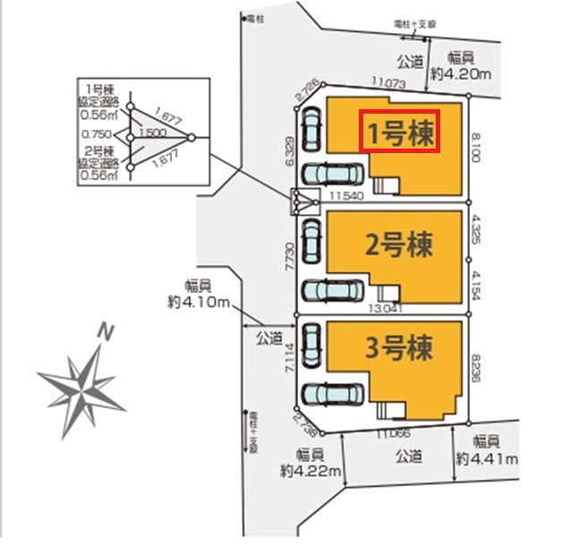 所沢市小手指南3丁目・全3棟　新築一戸建　1号棟の区画図|【全3棟・1号棟】
駐車2台可(車種制限あり)、日当たり・通風良好な南西・北西角地です。