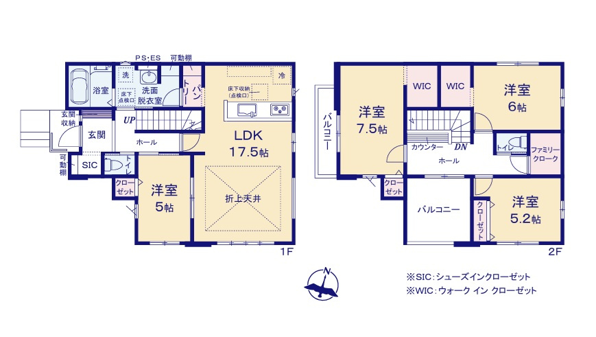 ケイアイフィット　水戸市本町　4期 　限定1棟！の間取り|　
☆全室明るい二面窓で通風も良好。SIC、WICなど収納スペース充実。洗面室を2WAY出入り口にし、回遊性のある間取りに。生活動線をコンパクトにする工夫です。
