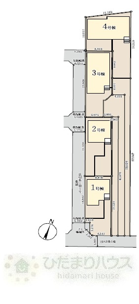野田市木間ケ瀬2期　新築戸建　4号棟の区画図|全4棟　接道：南東側3.18公道・南西側4.0私道