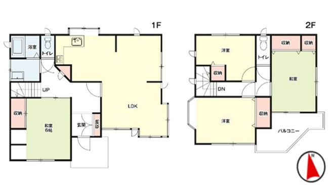【間取り】 | 藤岡市藤岡　中古住宅 | 各階にトイレがある使いやすい4LDK。広々としたLDKに加え、1階と2階に計2室の和室を配置。全居室に収納を完備し、2階には2部屋から出入り可能なバルコニーも魅力です。