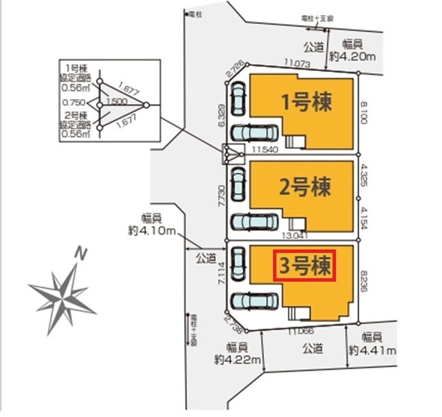 所沢市小手指南3丁目・全3棟　新築一戸建　3号棟の区画図|【全3棟・3号棟】
駐車2台可(車種制限あり)です、日当たり・通風良好な南東・南西角地です。