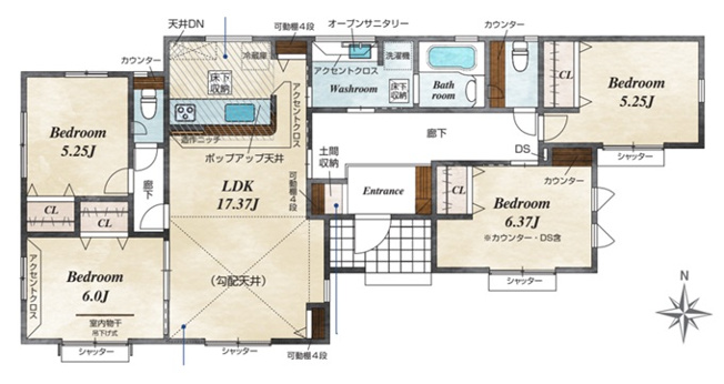 【間取り】 | 前橋市上佐鳥町　平屋　新築住宅 | 17.3帖の開放的な勾配天井LDKを中心に全室収納付きの4部屋を配置。土間や床下の収納、可動棚など豊富な収納を随所に確保し、2箇所のトイレや室内物干しも備えた暮らしやすさにこだわった間取り。