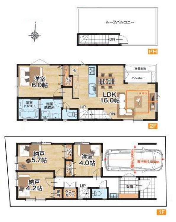 杉並区今川4丁目　自然豊かな住環境　2階建×3階建　限定2棟の間取り|B号棟　2LDK+2S+屋上ルーフバルコニー+ビルトイン車庫　敷地面積 73.02ｍ2　建物面積 96.09ｍ2(車庫面積 9.81ｍ2含む)