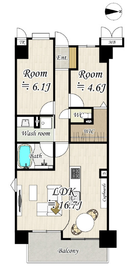 【間取り】 | キャステージパーク三番街 | 角住戸☆【全洋室2LDK】家具・照明・レースカーテン付き☆室内水廻り設備一新！全建具新調、全面リフォーム済み☆食洗機・浴室乾燥機完備☆キッチンカップボード付き☆WIC・TRあります♪