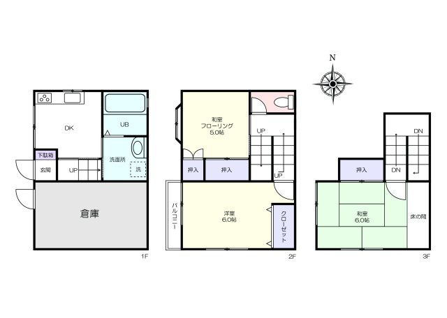 葛飾区鎌倉３丁目 売戸建の間取り|【3DK＋倉庫付き】　建物面積：74.52㎡（約22.54坪）