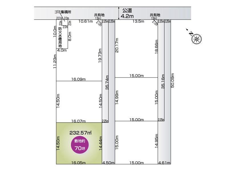 行田市大字前谷６区画　５号地　　敷地面積　232.57㎡　※共有の協定道路　145.43㎡（43.99坪）　持ち分あり