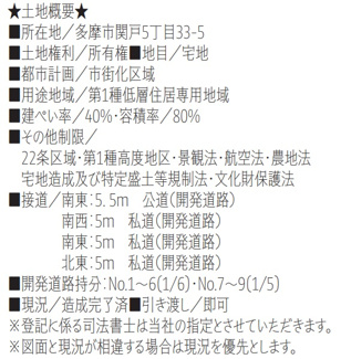 【その他】 | 【仲介手数料無料！！】多摩市関戸5丁目　売地（全9区画）No.8区画　4380万円 | 概要