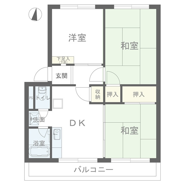 仁川リバーサイドハイツ B棟の間取り|DKと和室の間の扉を開けることで、開放感あふれる空間に