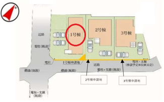 【区画図】 | 調布市深大寺東町７丁目　全３棟　１号棟　仲介手数料無料 | １号棟です。