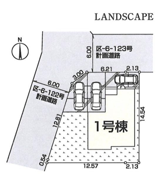 飯能市笠縫・全1棟　新築一戸建　～北西角地～の区画図|駐車3台可(車種制限あり)、日当たり・通風良好な北西角地です。