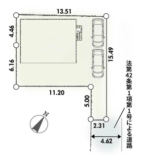 【区画図】 | 厚木市温水  1号棟 第4 | 旗竿地（間口約2.3ｍ）　南東側約4.6ｍ公道　駐車2台（車種によります）　敷地面積46.7坪（路地状部分敷地含む）