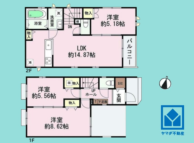 尼崎市大庄北５丁目の間取り|3LDK、土地面積75.78平米、建物面積88.26平米、木造サイディング貼りアスファルトシングル葺2階建。2026年5月完成済み。
