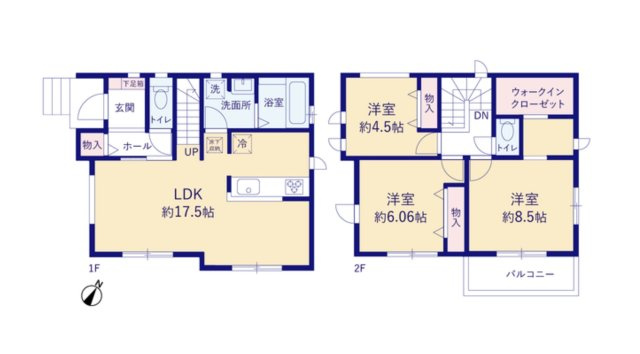 福岡市東区多々良2丁目第1-2棟（B号棟）の間取り|全居室収納付きで便利です。
