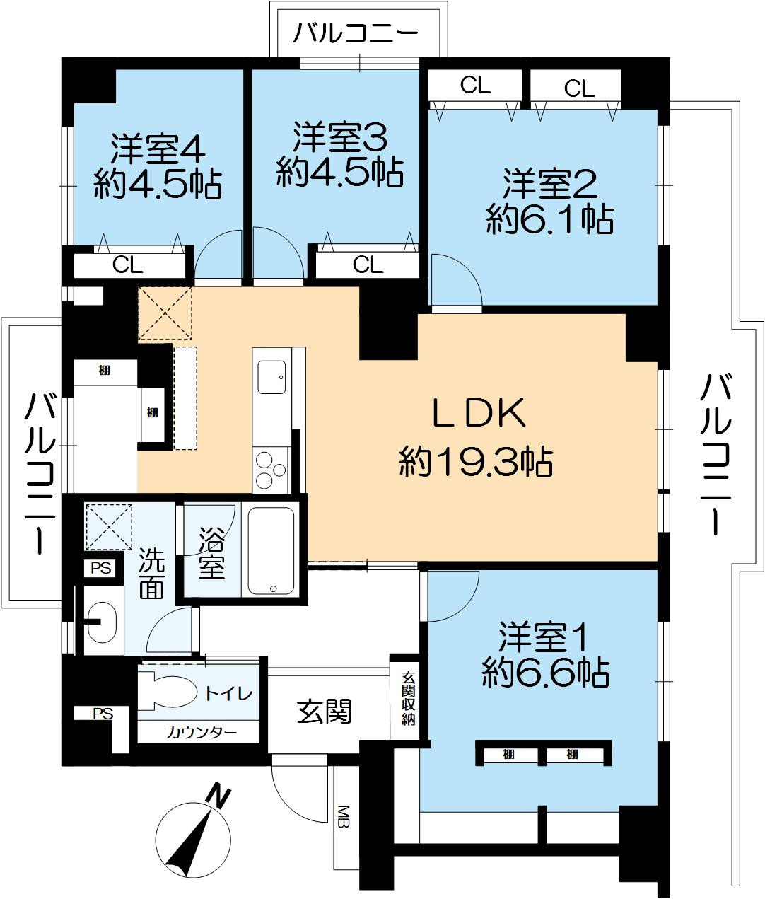 東灘ロイヤルマンションの間取り|98.88㎡ある4LDKとなっております。