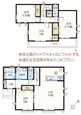 入間市小谷田1丁目・全5棟　新築一戸建　C号棟の間取り|【全5棟・C号棟】南東向きのため陽当たり良好！LDK16.0帖、4LDKの間取りです。