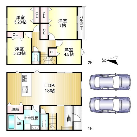 北葛城郡上牧町第1中筋出作全2棟 の間取り|4LDK　土地面積：140.74ｍ2　建物面積：100.19ｍ2　駐車２台可