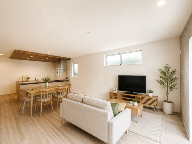 北葛城郡上牧町第1中筋出作全2棟 の居間・リビング|おしゃれなリビングです　※家具・小物はAIで配置しています