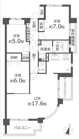 ステイツ所沢グランビアの間取り|6階建て5階部分、上階住戸無しの角部屋、3LDKの間取りです。