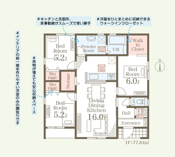 リーブルガーデン  小美玉市羽刈　第5　3の間取り|　
☆全居室に大容量の収納スペース付き。リビングにも大容量の収納スペース付きなので、消耗品のストックや季節ものの家電製品などがスッキリ片付きます。