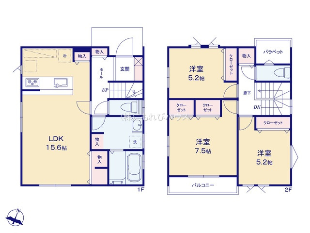 鴻巣市大間　新築一戸建て　2区画　02の間取り|【全2棟・2号棟】鴻巣市大間　新築一戸建て　2区画　02・3LDK・土地面積88.60m2・建物面積106.44m2