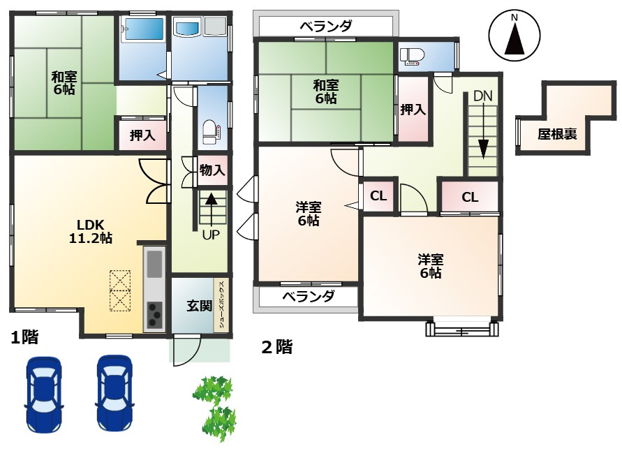 車庫入れ楽々♪川西市鴬台のリフォーム済の中古戸建！の間取り|4LDKで各居室6帖以上
収納もしています！