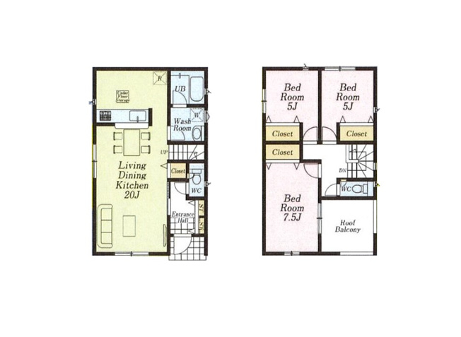 【間取り】 | 志木市下宗岡2丁目　新築一戸建住宅　全3棟　(志木本店) | 家族とコミュニケーションが取りやすいリビングイン階段。
水回りが集中しているので家事動線も良好です。