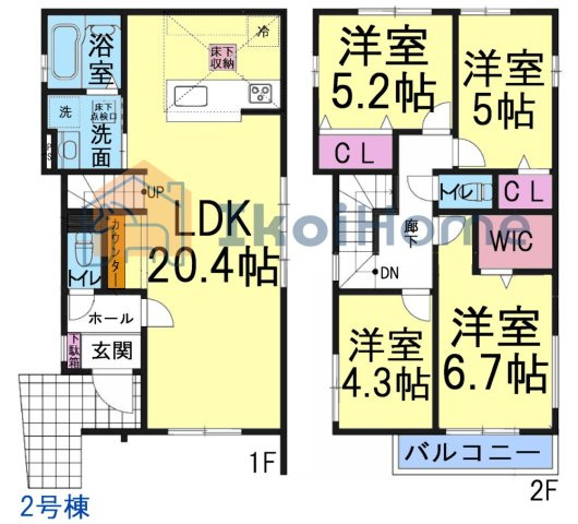 神戸市西区春日台2丁目　2期2号棟　新築戸建の間取り|リビング20帖以上の広々空間♪食洗機付き！WIC、各部屋収納完備で収納豊富です！