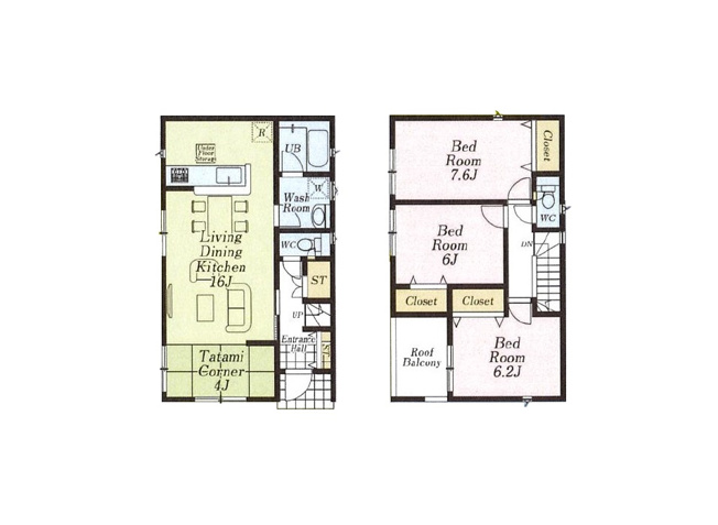 【間取り】 | 志木市下宗岡2丁目　新築一戸建住宅　全3棟　(志木本店) | 足を伸ばして座れるタタミコーナーのある邸宅。
ルーフバルコニーは外から洗濯物が見えいくいので家族のプライバシーも守れます。