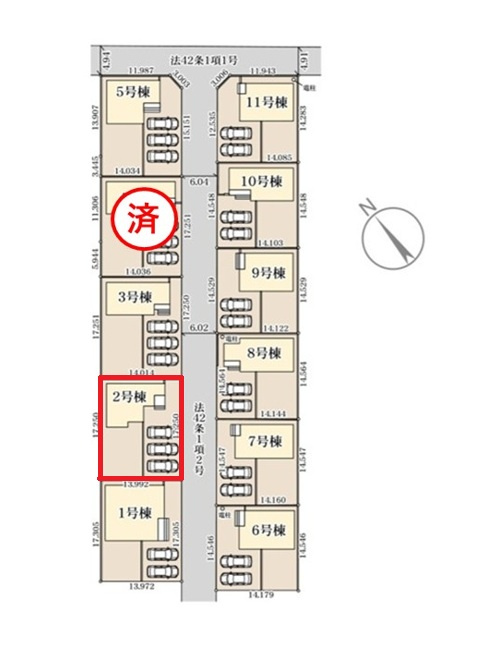 リーブルガーデン  笠間市旭町　第13　2の区画図|前面道路幅6メートル、3台駐車可能です。