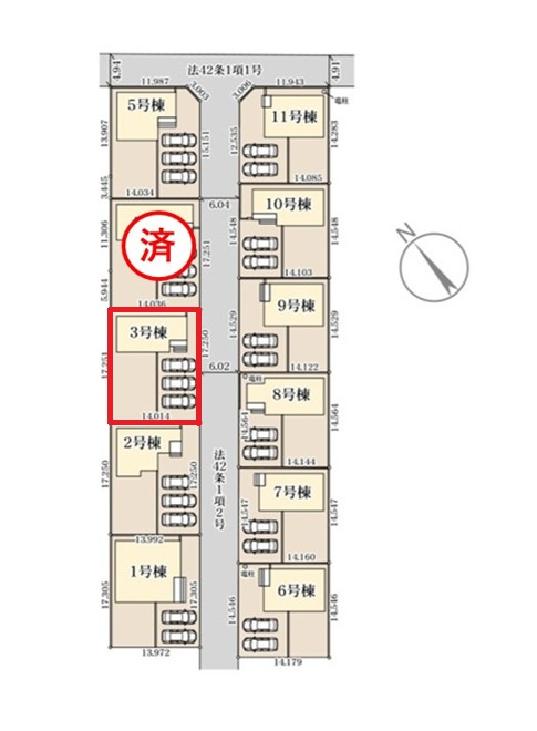 リーブルガーデン  笠間市旭町　第13　3の区画図|前面道路幅6メートル、3台駐車可能です。