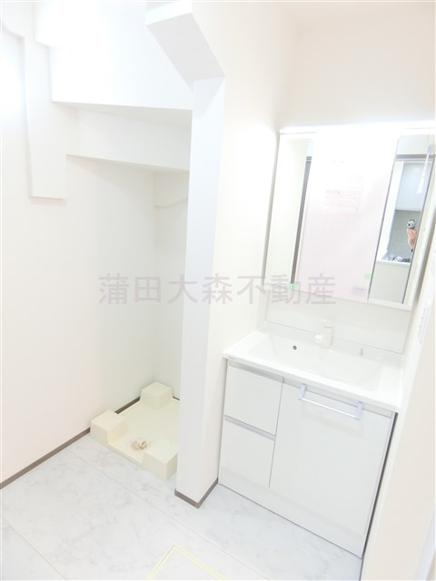 羽田2丁目戸建1号棟の洗面所|3面鏡の独立洗面台　洗濯機置き場　洗面脱衣所