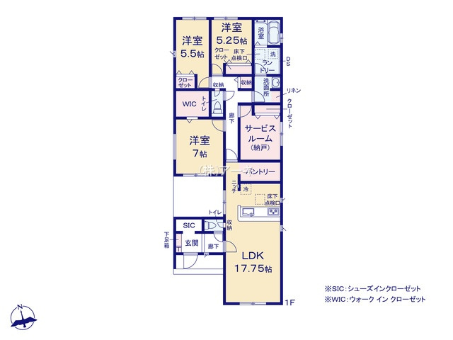知立市来迎寺町足軽10番5他『仲介手数料無料』新築一戸建て・建売の間取り|　2号棟　平屋建て　1F:LDK17.75帖！パントリー♪ゆとりの洗面室　リネン庫♪主寝室7帖　WIC設置！洋室5.25帖・洋室5.25帖・納戸5.25帖　CL設置♪廊下収納♪シューズクローク♪中庭！