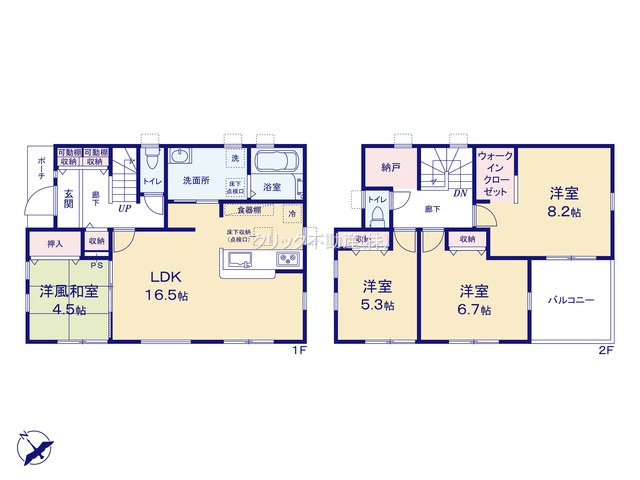 リーブルガーデン  笠間市旭町　第13　6の間取り|　
☆全居室に大容量の収納スペース付き。便利な納戸も配備しました。全室明るい二面窓、通風も良好です！ペタンと座れる和室は家族みんなが寛げます。