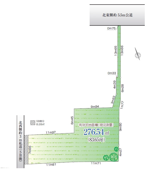 【土地図】 | 調布市調布ケ丘２丁目　売地 | 北西側・北東側の接道で、開放感と通風に優れた売地です