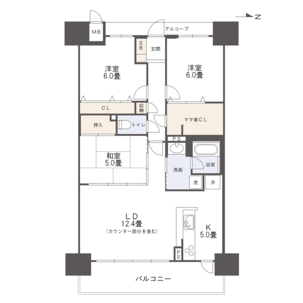 アルファスマート西古松西公園の間取り|３LDK、専有面積７８.６２平米、バルコニー面積１０．８０平米
LDKが１７．４畳の開放的な間取りです。
ウォークインクローゼットもあり収納スペース豊富です。