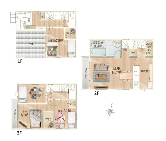 S・福岡市南区井尻3丁目第2-2棟（2号棟）　の間取り|全居室収納付きで便利です。