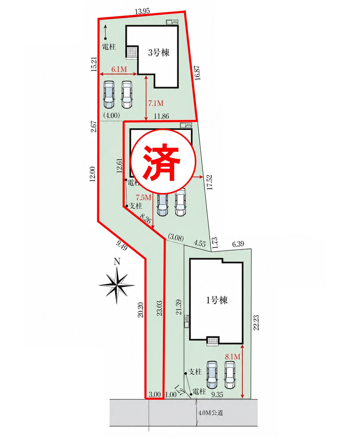 郡山市田村町金屋字宝蔵　　　３号棟　　　高瀬小学校、高瀬中学区の区画図