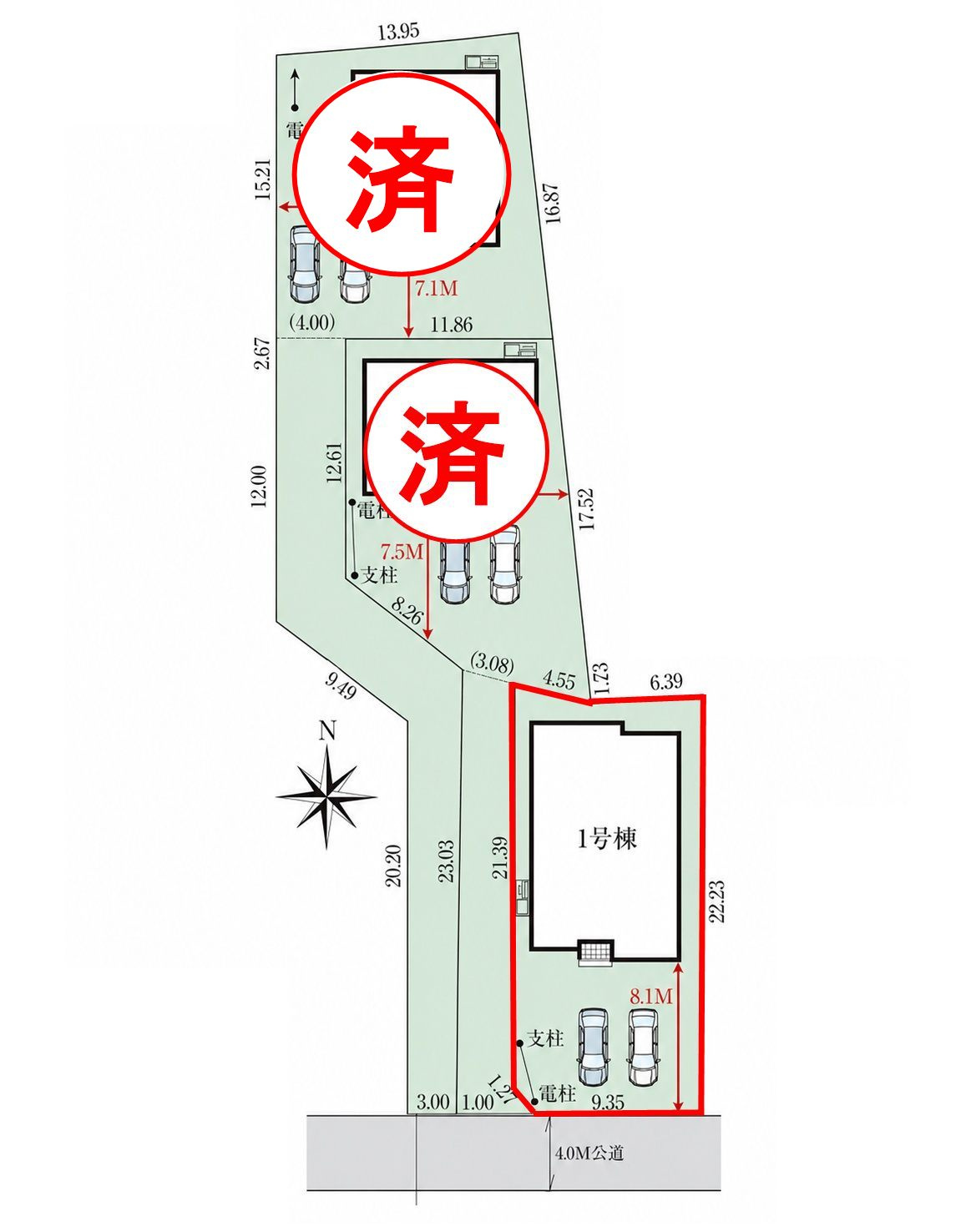 郡山市田村町金屋字宝蔵　　　１号棟　　　高瀬小学校、高瀬中学区の区画図
