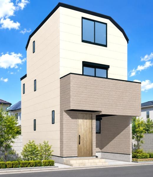 横浜市鶴見区東寺尾１丁目の新築一戸建の完成予想図|外観のイメージパースです。
スタイリッシュな外観で完成が楽しみです。
※背景や植栽はCGでのイメージになり、実際とは異なります。