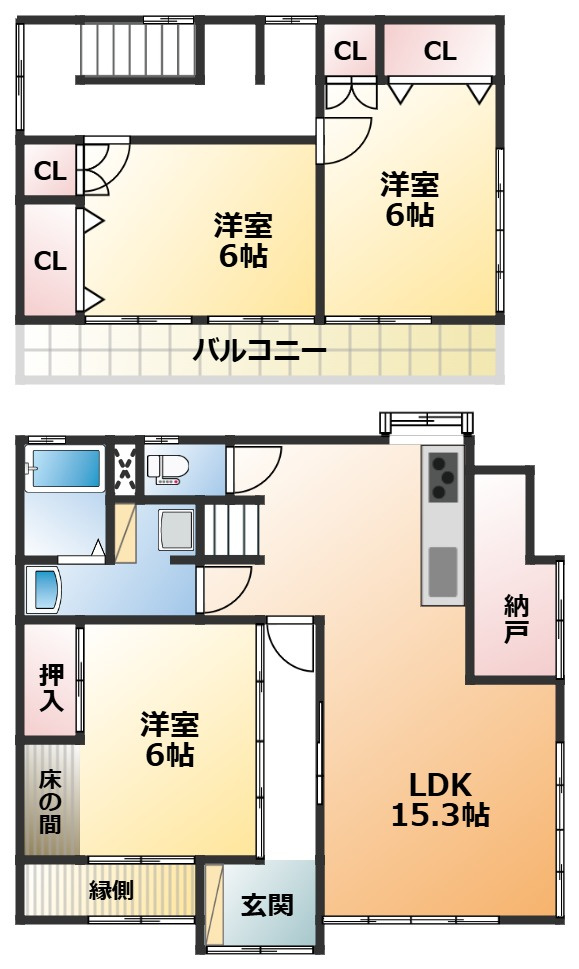 KEM宇都宮市富士見が丘1期　中古戸建の間取り|全室南向きで陽当たりの良い間取りです