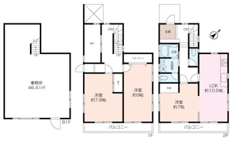 全居室７帖以上あるゆとりある３LDKの間取。地下部分は事務所としても大型の収納スペースとしてもご利用いただけます。