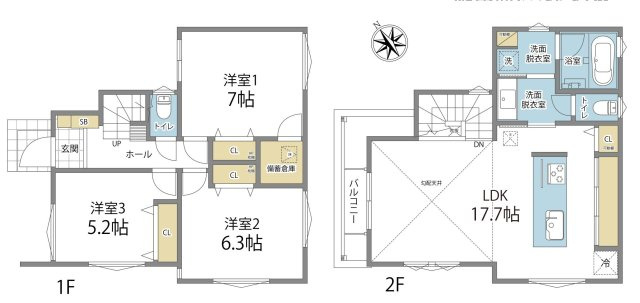練馬区東大泉6丁目 限定1棟の間取り|建物面積86.81㎡ 2階建て3LDK リビング+水廻りを配した生活しやすい間取りです