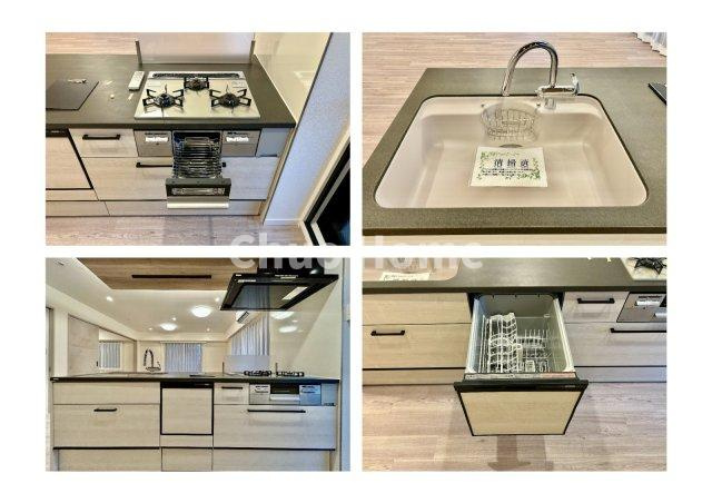 クレストフォルム上野グランステージのキッチン|【システムキッチン】ワイドで収納豊富な使い勝手の良いカウンターキッチンには、食洗器・伸縮タイプのキッチン水栓、三ツ口コンロ・魚焼きグリルなどの便利な設備が標準完備されています。