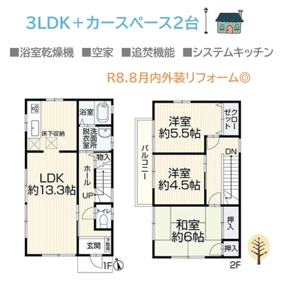 【間取り】 | 新しい暮らしを気持ちよくスタートできる３LDKプラン◎　　
内外装リフォームいたします。
