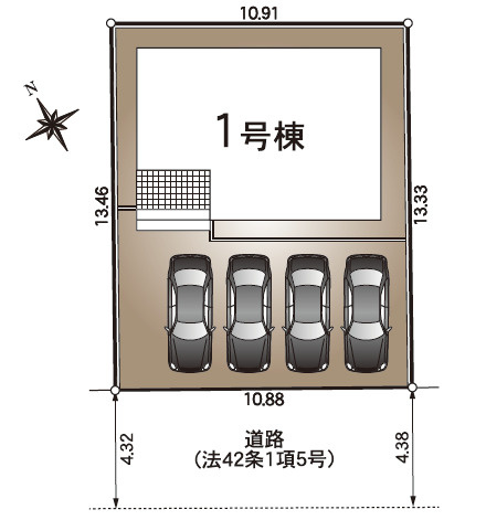 「駐車4台可」高知市百石町第2 1号棟新築一戸建ての区画図|並列4台駐車可！セカンドカーや来客時も安心！前道広々で駐車ラクラク♪