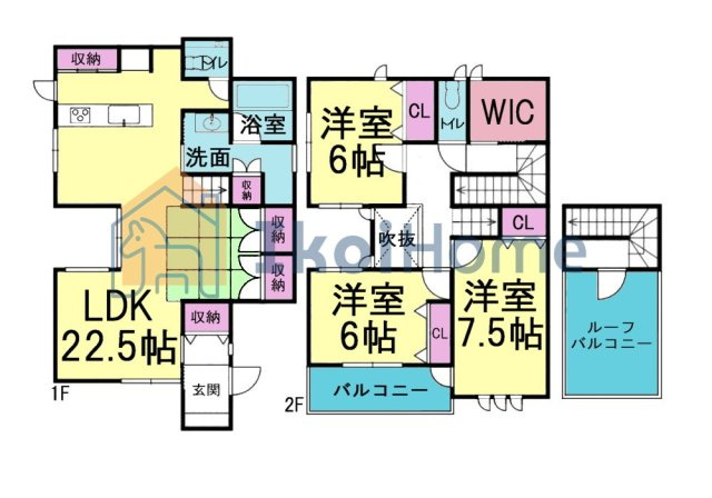 神戸市西区水谷1丁目　中古戸建の間取り|リビング22.5帖の大空間！！ルーフバルコニー・WIC完備しております！食洗機・浴室乾燥機完備！