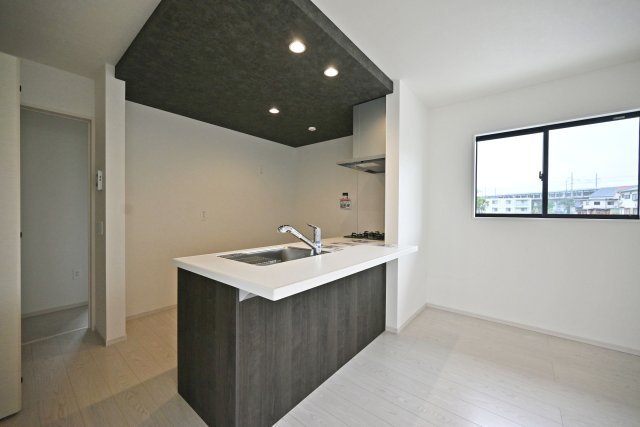テラシエ南野1丁目新築一戸建て│4LDK+駐車2台可のキッチン|キッチン上部は折下天井を採用でデザイン性を向上させています。ダウンライトを採用し、作業性を確保。