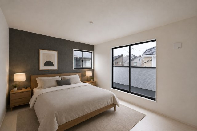 テラシエ南野1丁目新築一戸建て│4LDK+駐車2台可の居間・リビング|主寝室にはアクセントクロスを配置し、採光も十分に考えた設計をしています。 アクセントクロスはそんなときの「発想」を手助けします。※家具・小物はCGによるイメージです。実際には設置されておりません。