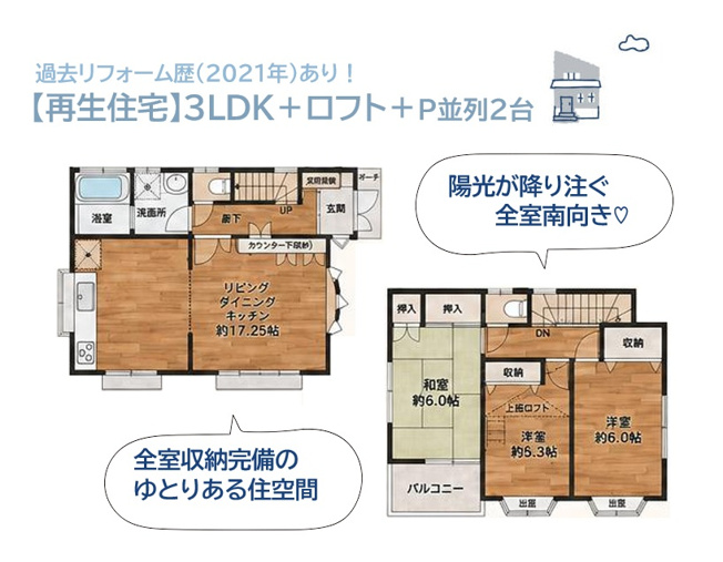 【間取り】 | ３面採光の明るいＬＤＫに、独立した3つの居室を併せ持つ3ＬＤＫ◎
普段出し入れの少ない季節物は「上部ロフト」が大活躍しますよ♪
