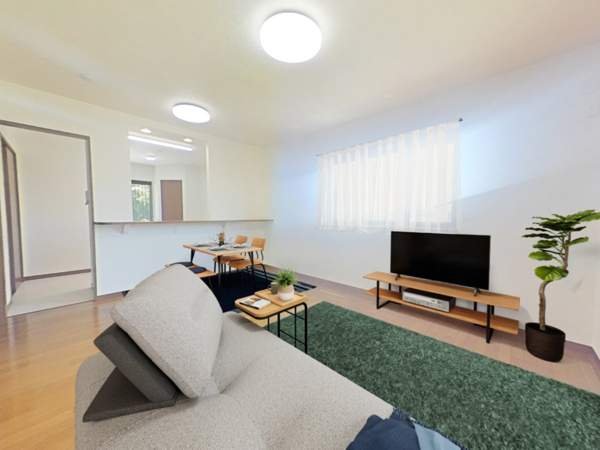 下妻市小島　中古戸建のその他|【リフォーム完成】CG合成で家具を配置したイメージです。リビング写真。対面式キッチンですので、ご家族の様子を見ながら料理ができますね。キッチン新品交換、クロス張替、照明交換等行いました。